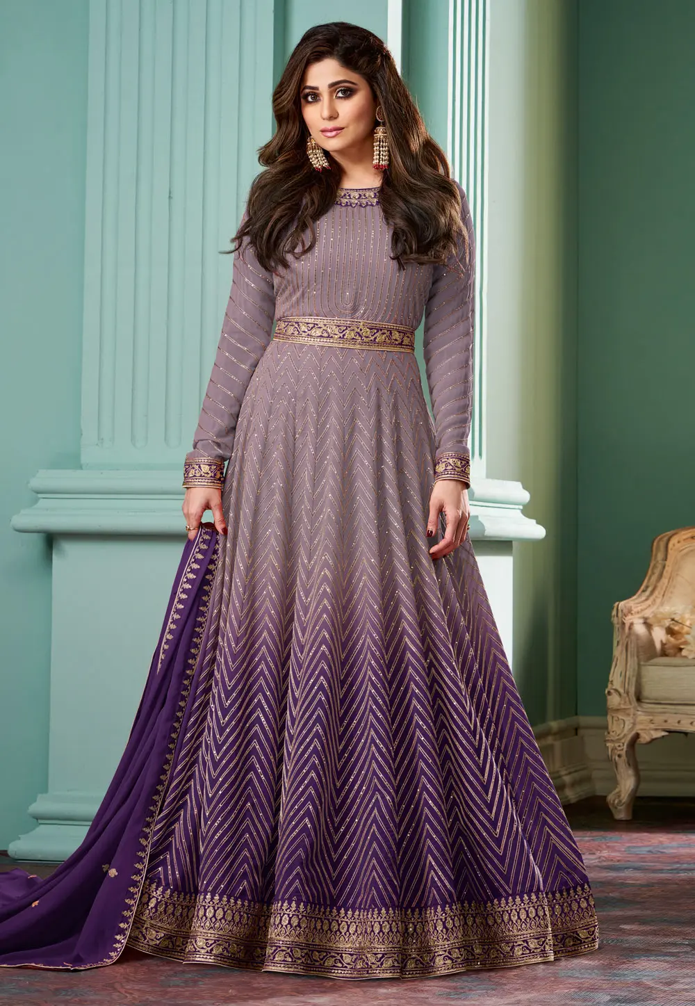 Shamita Shetty Lavender Georgette Long Anarkali Suit 297794