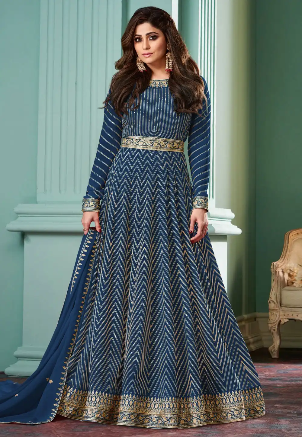 Shamita Shetty Navy Blue Georgette Anarkali Suit 288023