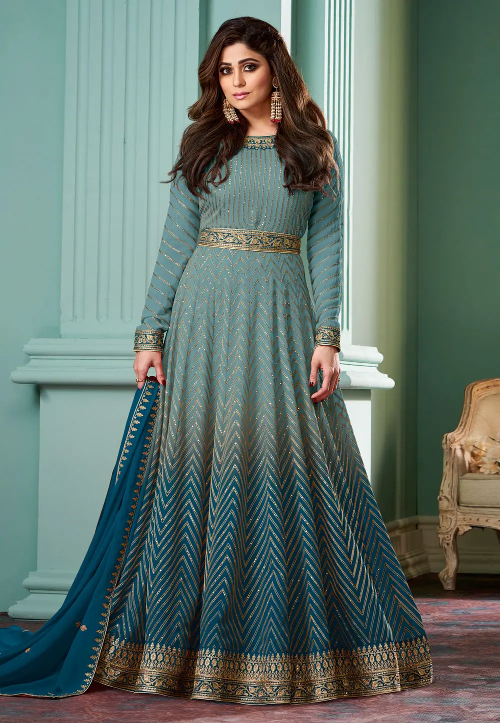 Shamita Shetty Sky Blue Georgette Anarkali Suit 297793