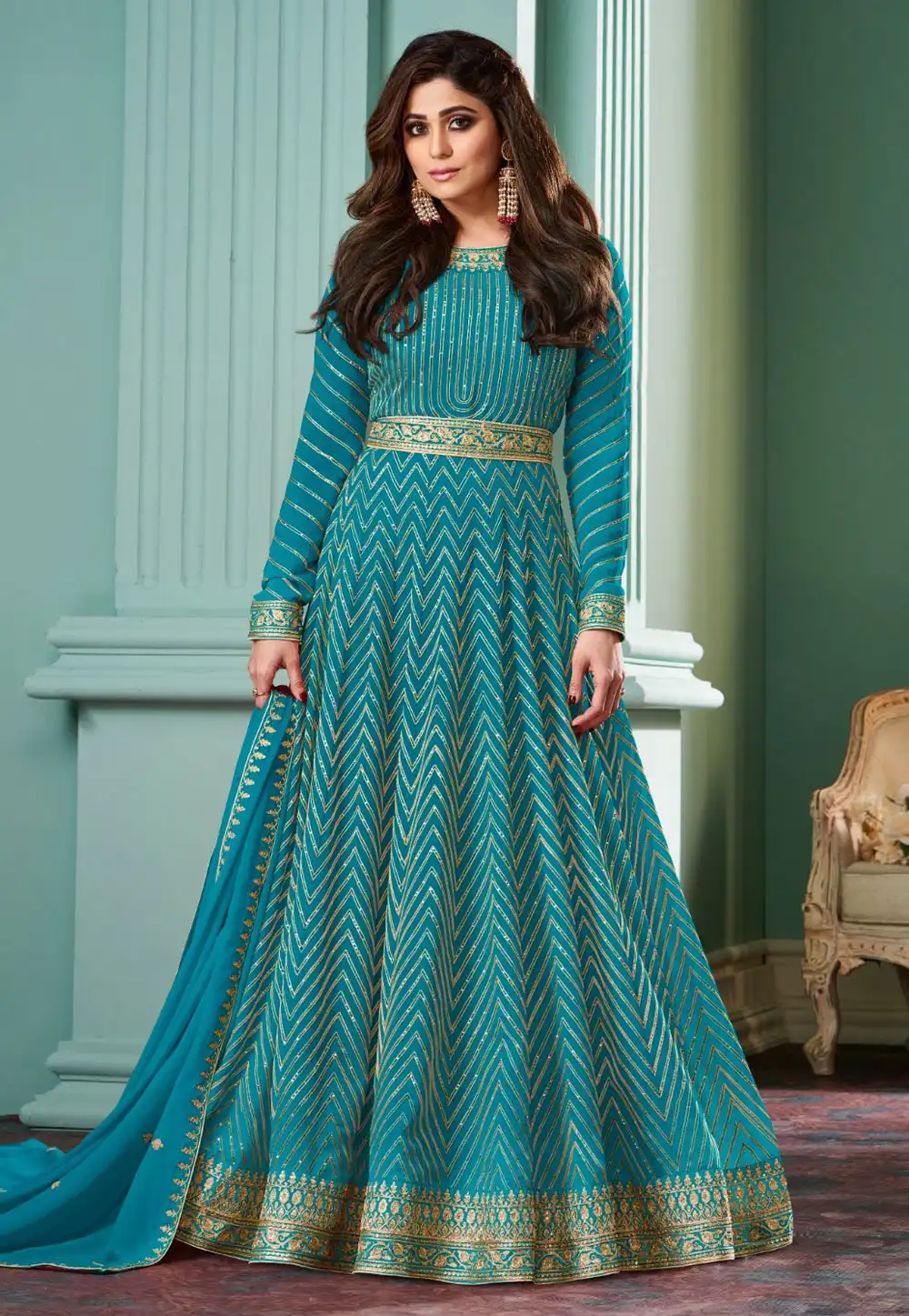 Shamita Shetty Turquoise Georgette Anarkali Suit 288021