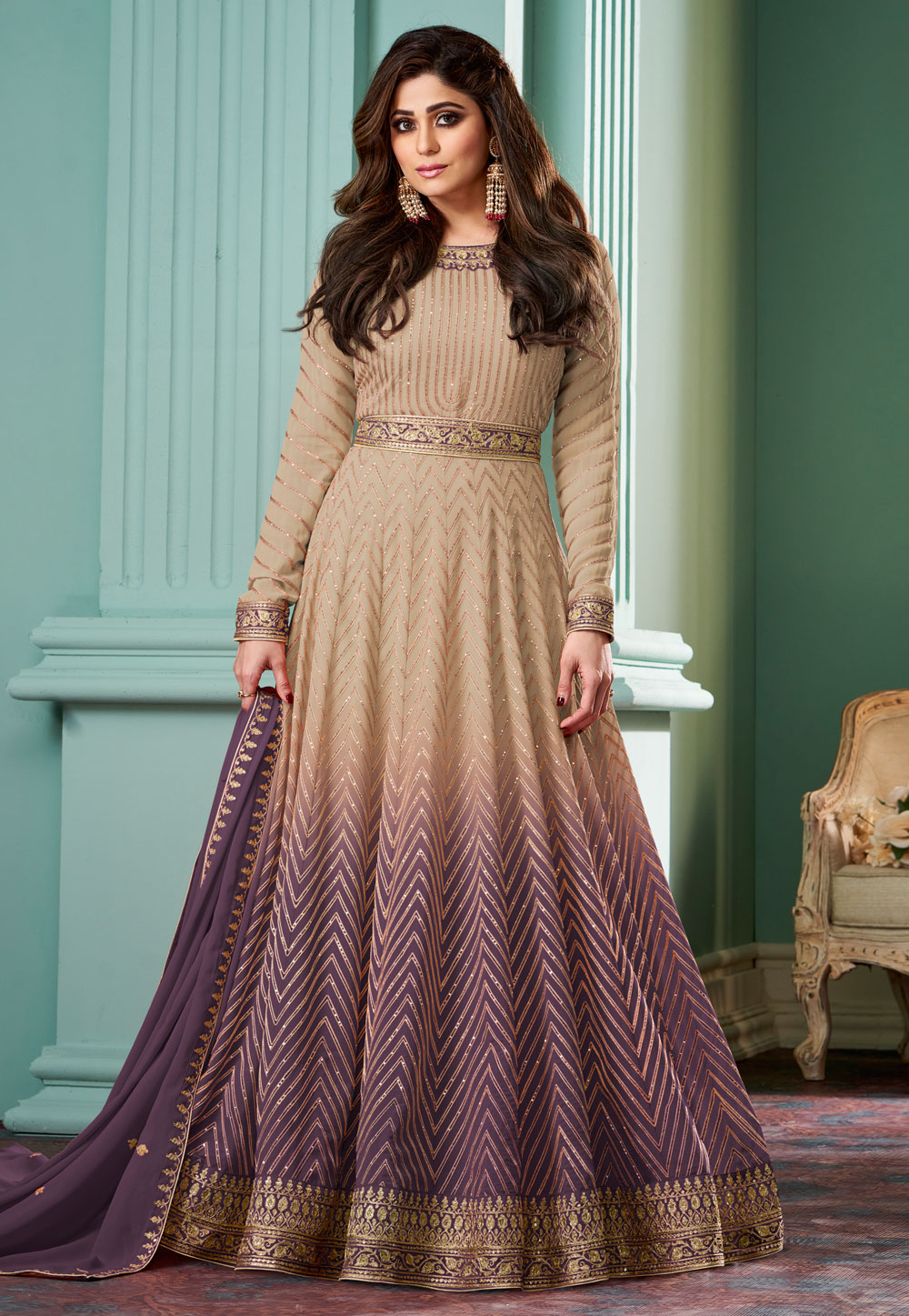 Shamita Shetty Wine Georgette Long Anarkali Suit 310948