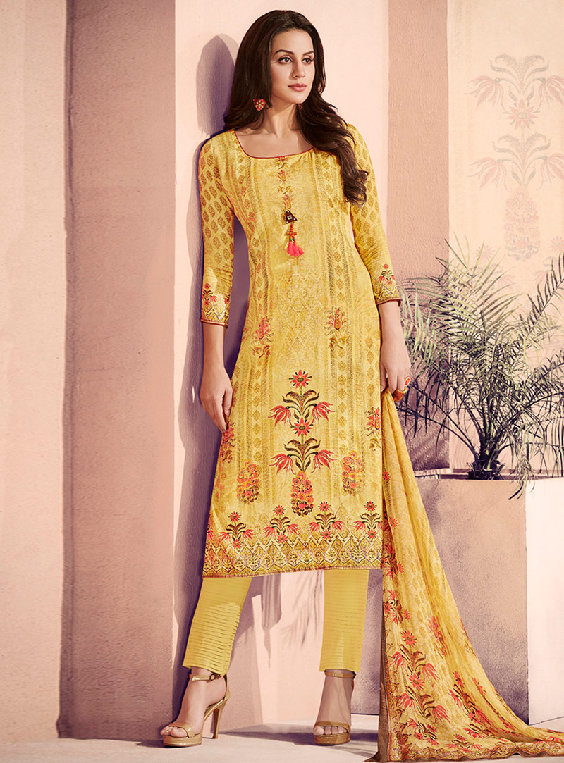 Yellow Cotton Satin Printed Pant Style Suit 153393