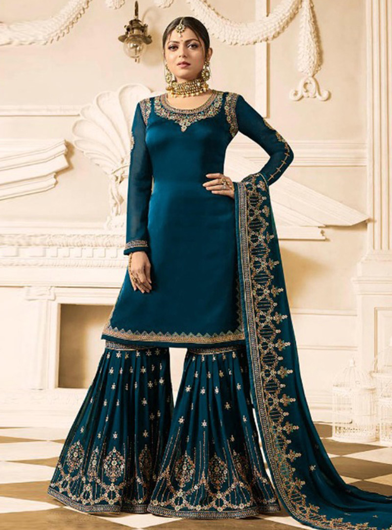 Drashti Dhami Blue Faux Georgette Sharara Style Suit 149357