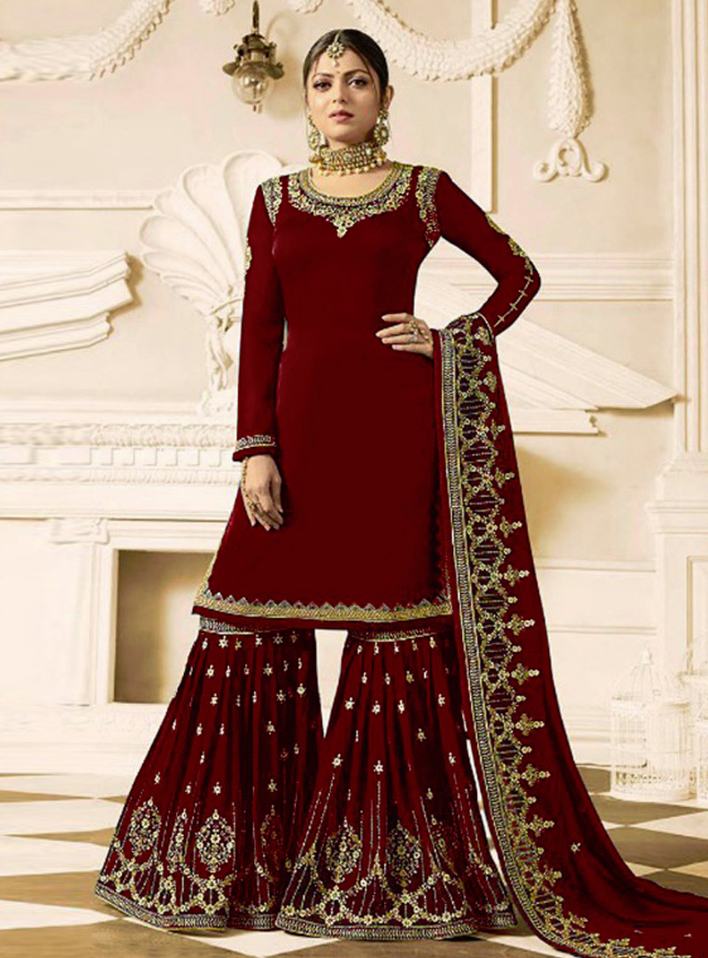 Drashti Dhami Maroon Faux Georgette Sharara Style Suit 149361