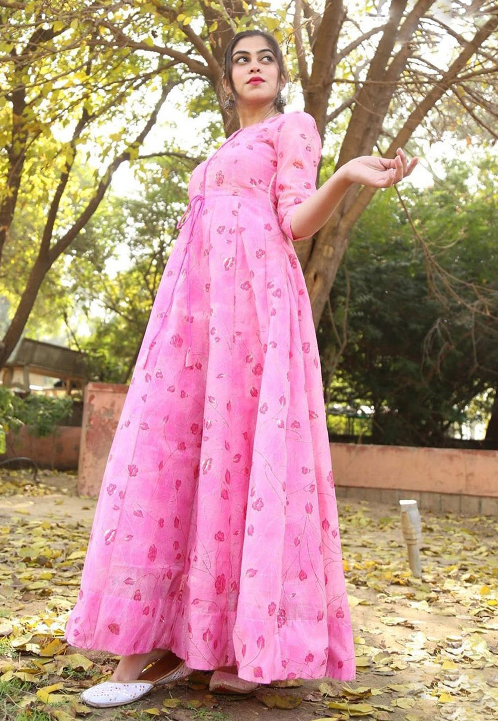 Pink Chanderi Readymade Printed Gown 216041