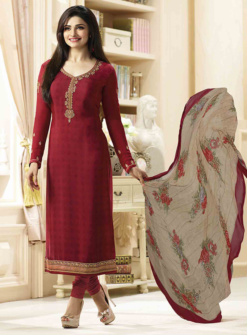 Prachi Desai Maroon Silk Churidar Salwar Suit 104283