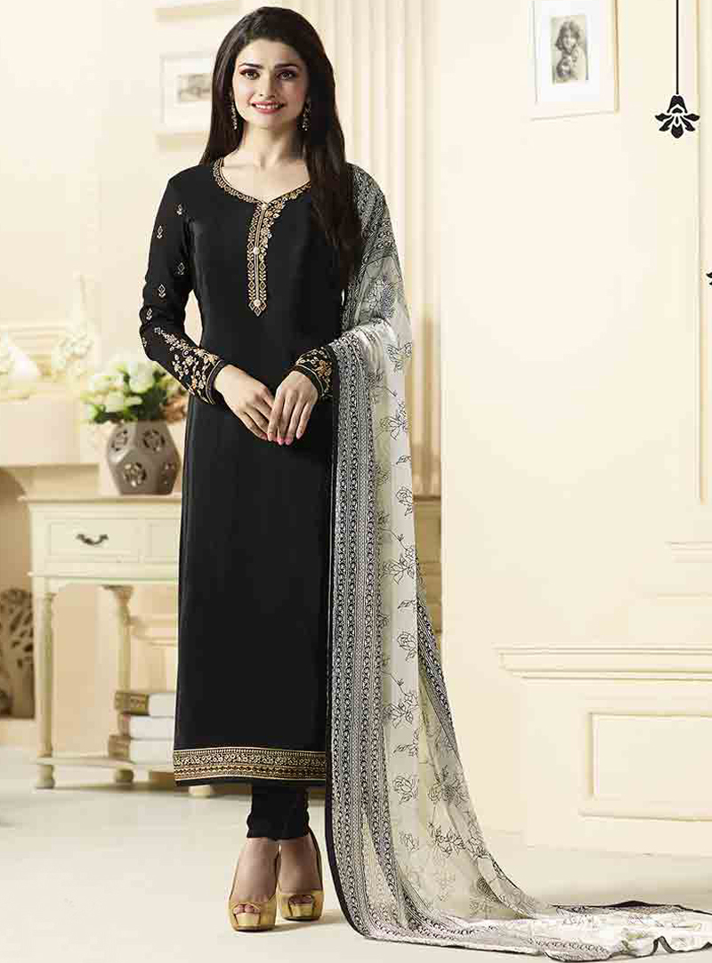 Prachi Desai Black Silk Churidar Salwar Suit 104287