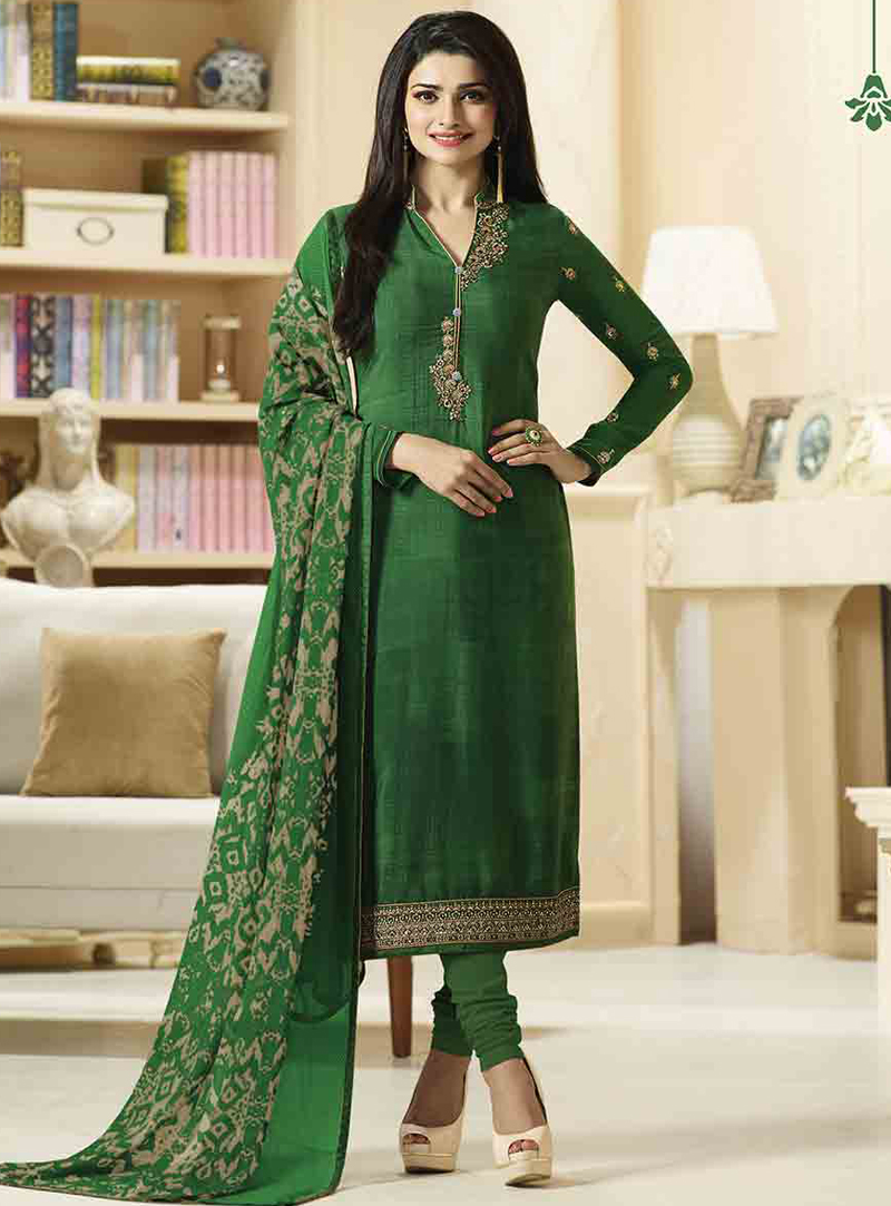 Prachi Desai Green Silk Churidar Salwar Suit 104289