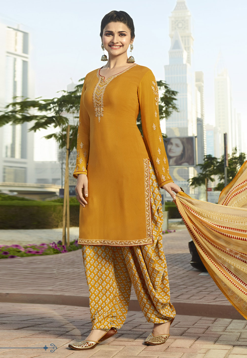 Prachi Desai Mustard Crepe Punjabi Suit 157404