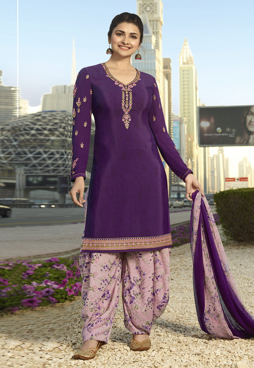 Prachi Desai Purple Crepe Patiala Suit 157405