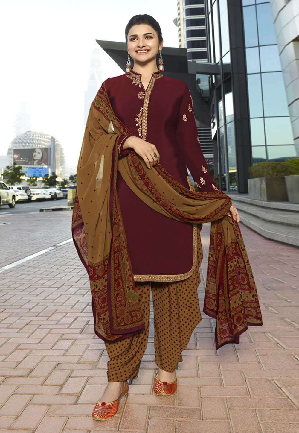 Prachi Desai Maroon Crepe Patiala Suit 157407