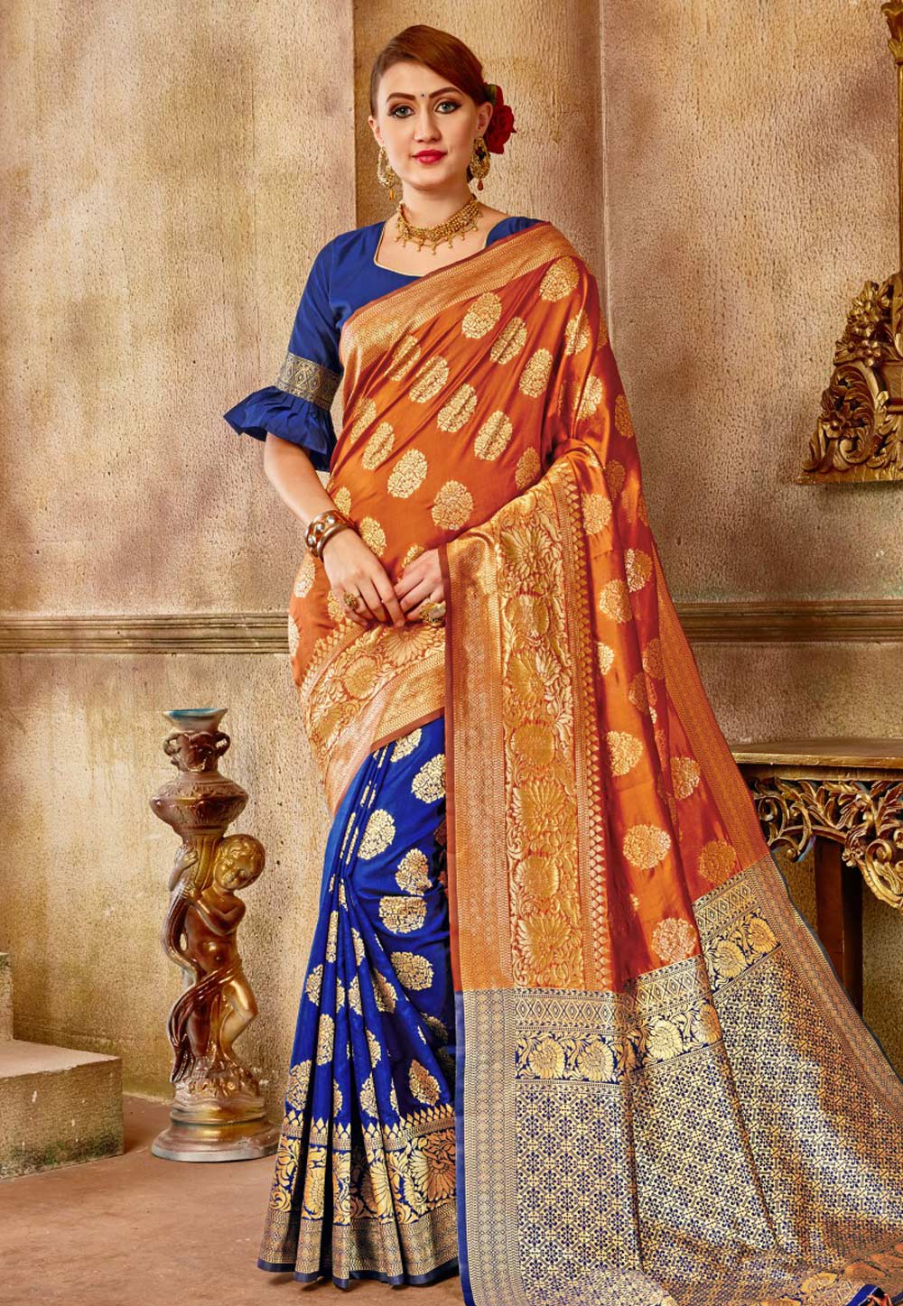 Orange Banarasi Silk Saree With Blouse 153720