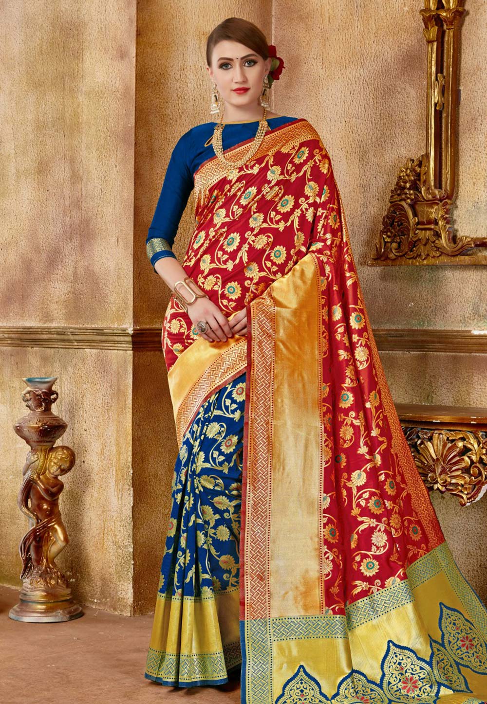 Red Banarasi Silk Half and Half Saree 153733