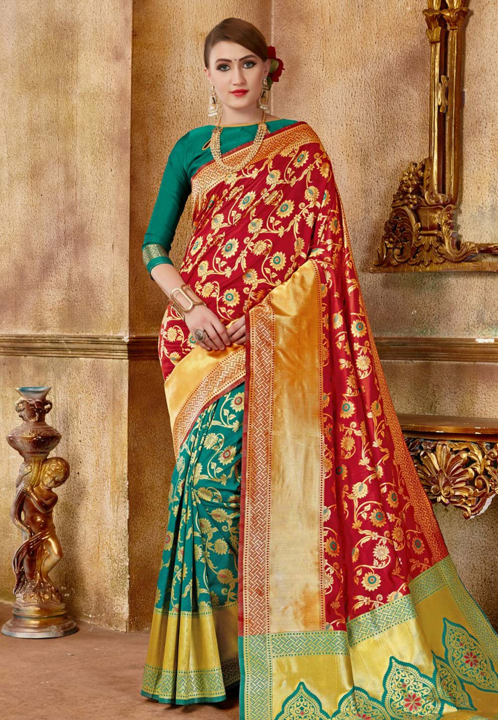 Red Banarasi Silk Festival Wear Saree 153736