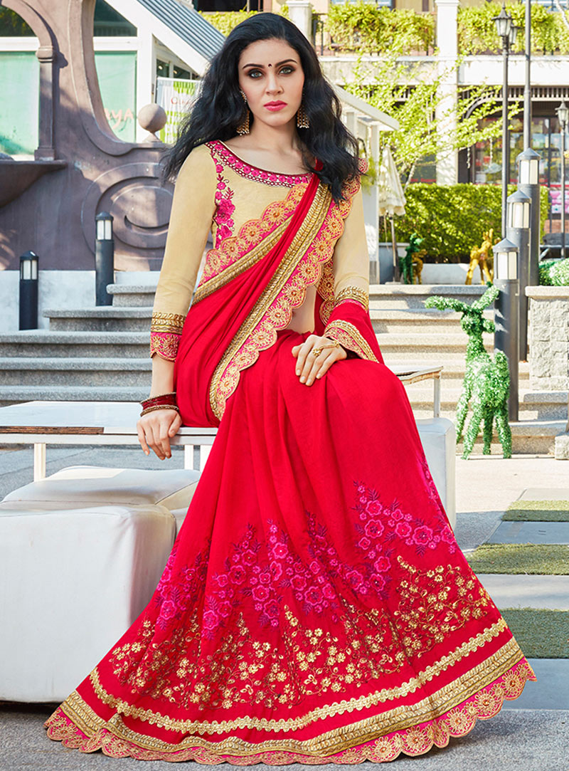 Red Satin Party Wear Saree 116347