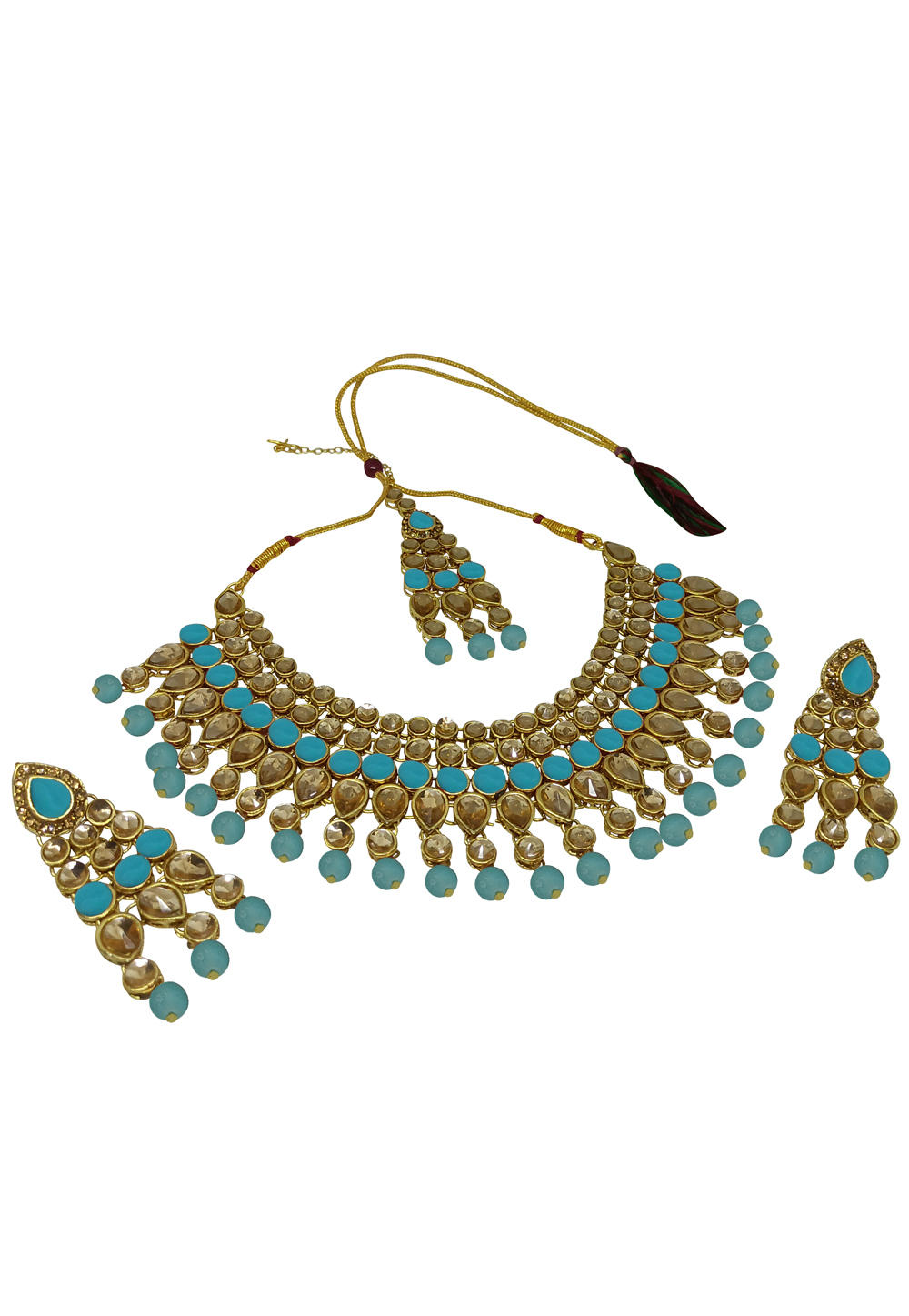 Sky Blue Alloy Austrian Diamonds and Kundan Necklace Set With Earrings and Maang Tikka 280092