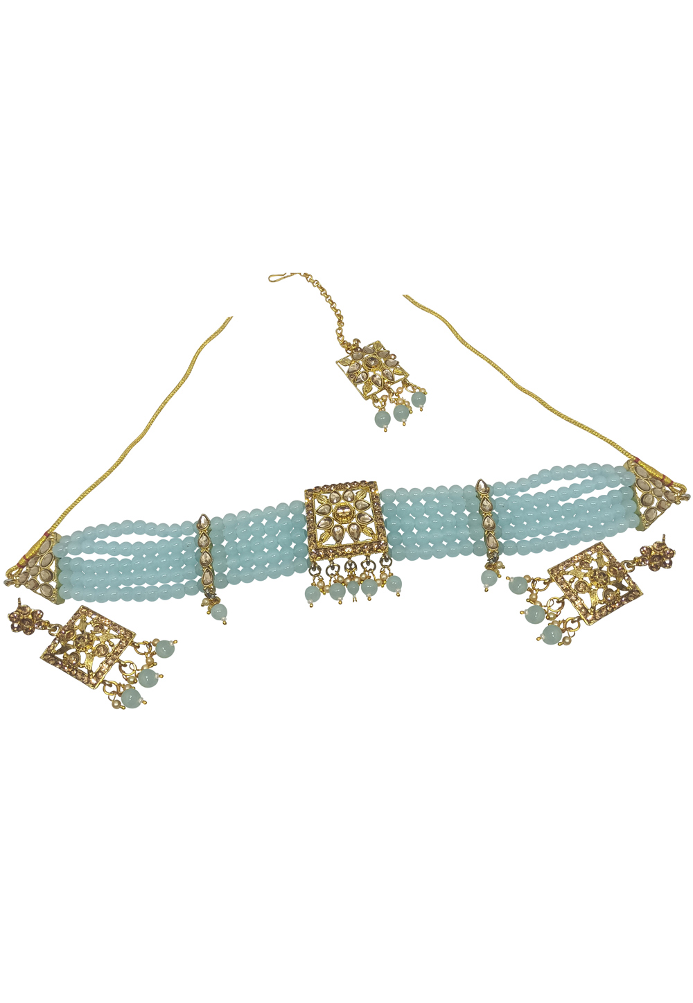 Sky Blue Alloy Austrian Diamonds and Kundan Necklace Set With Earrings and Maang Tikka 280110