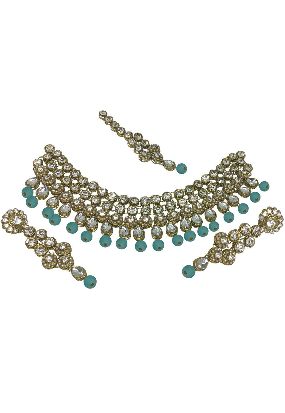 Sky Blue Alloy Austrian Diamonds and Kundan Necklace Set With Earrings and Maang Tikka 280119
