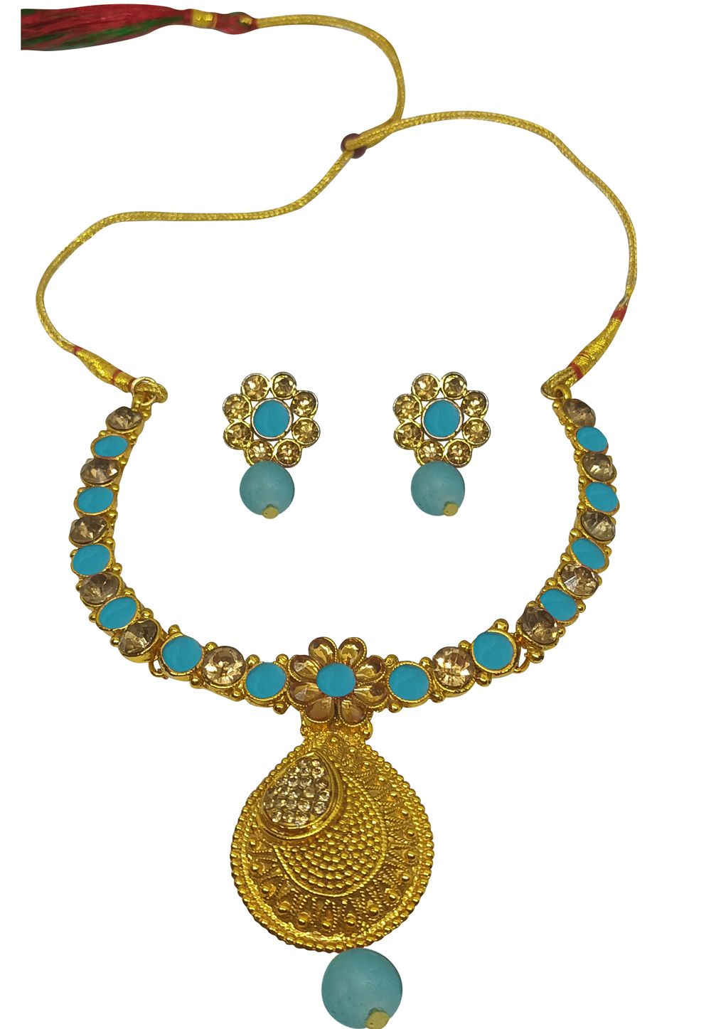Sky Blue Alloy Austrian Diamonds and Kundan Necklace With Earrings 280102
