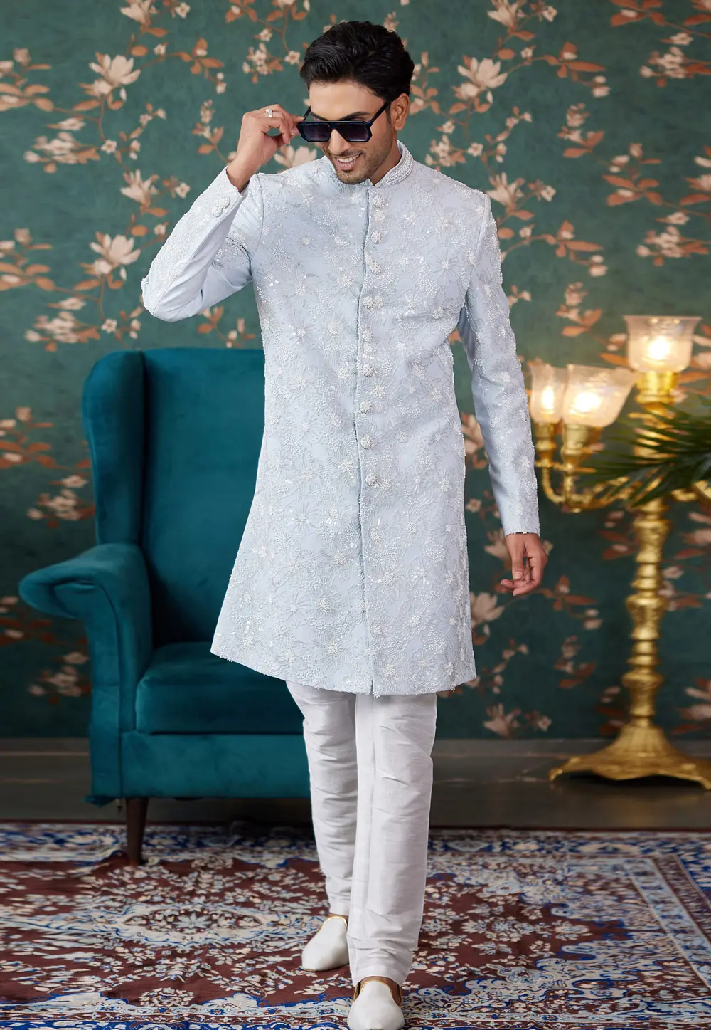 Sky Blue Art Silk Achkan Style Sherwani 299196