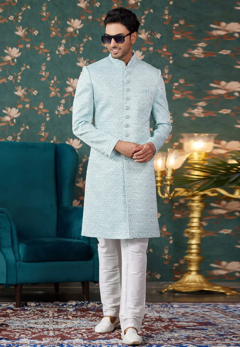 Sky Blue Art Silk Achkan Style Sherwani 299202