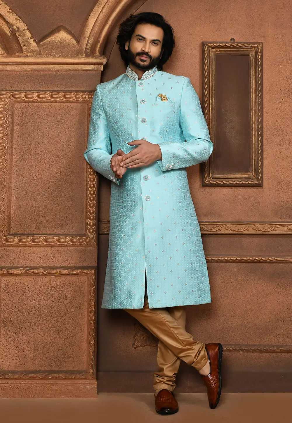 Sky Blue Art Silk Achkan Style Sherwani 295448