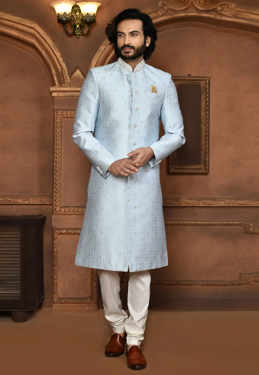 Sky Blue Art Silk Achkan Style Sherwani 295454