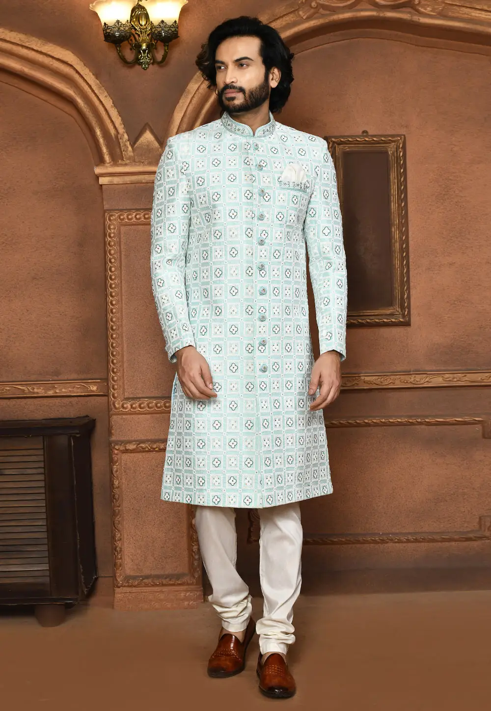 Sky Blue Art Silk Achkan Style Sherwani 295459