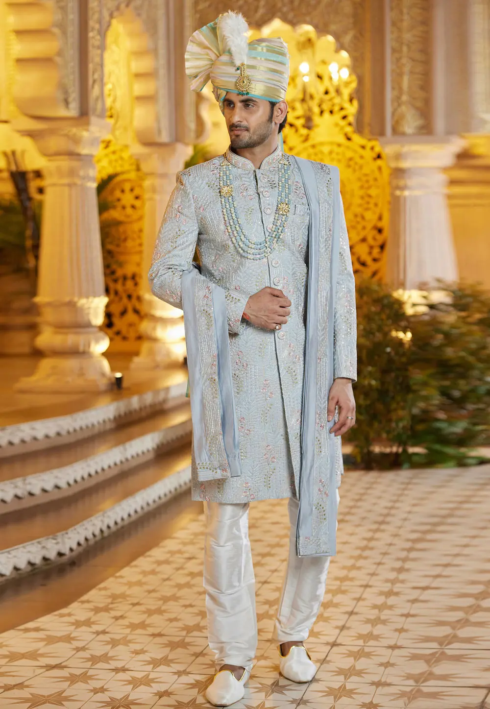 Sky Blue Art Silk Achkan Style Sherwani With Stole 304328