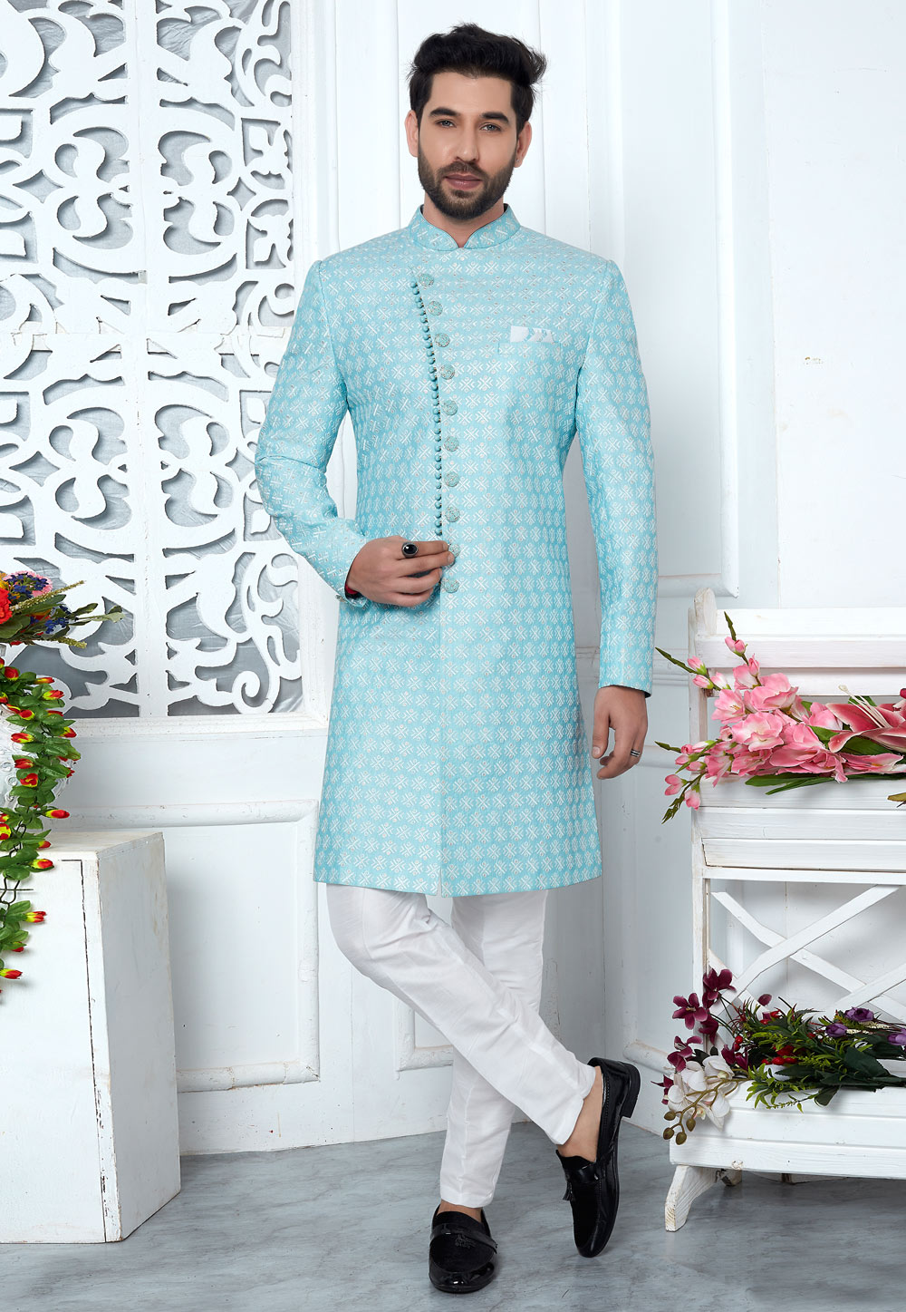 Sky Blue Art Silk Indo Western Suit 280168