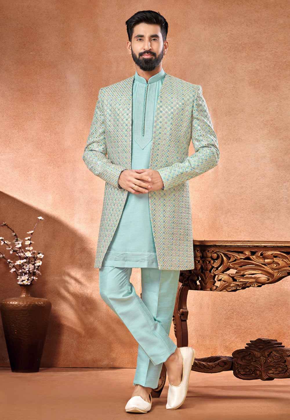 Sky Blue Art Silk Indo Western Suit 280263