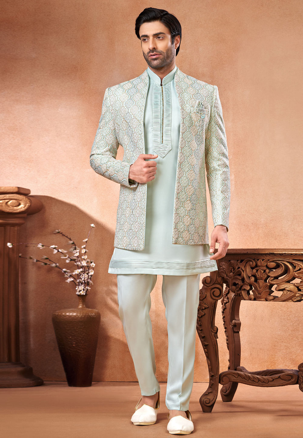 Sky Blue Art Silk Indo Western Suit 280275