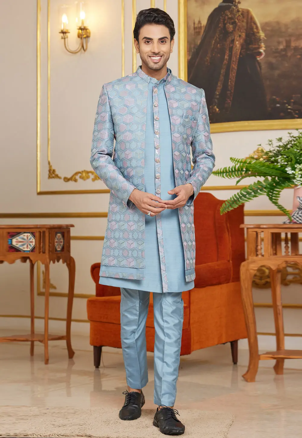 Sky Blue Art Silk Jacket Style Sherwani 302204