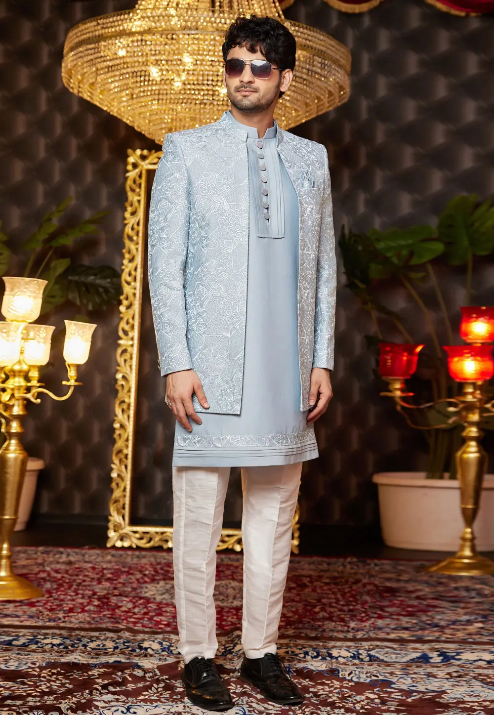 Sky Blue Art Silk Jacket Style Sherwani 299183