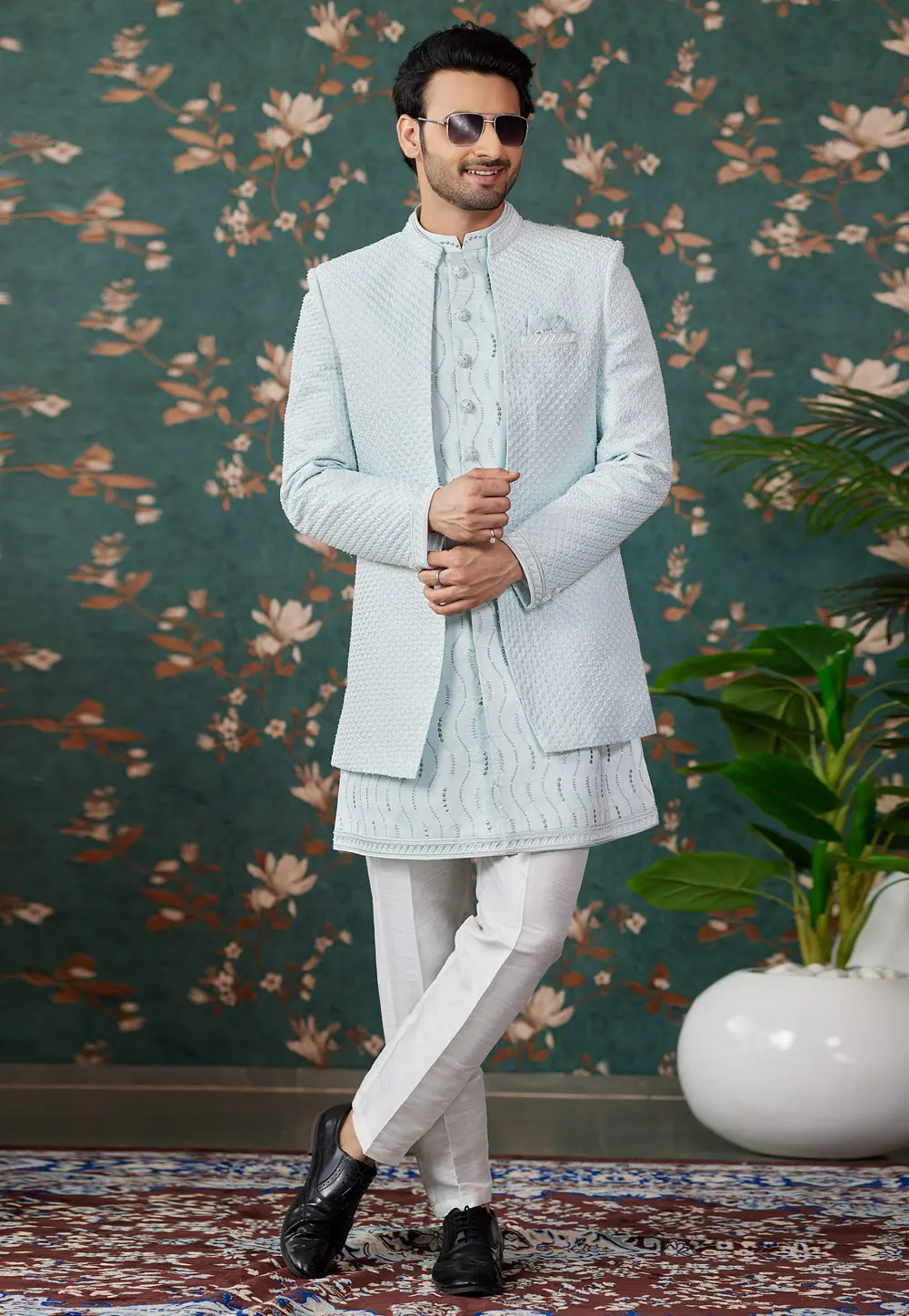 Sky Blue Art Silk Jacket Style Sherwani 299206