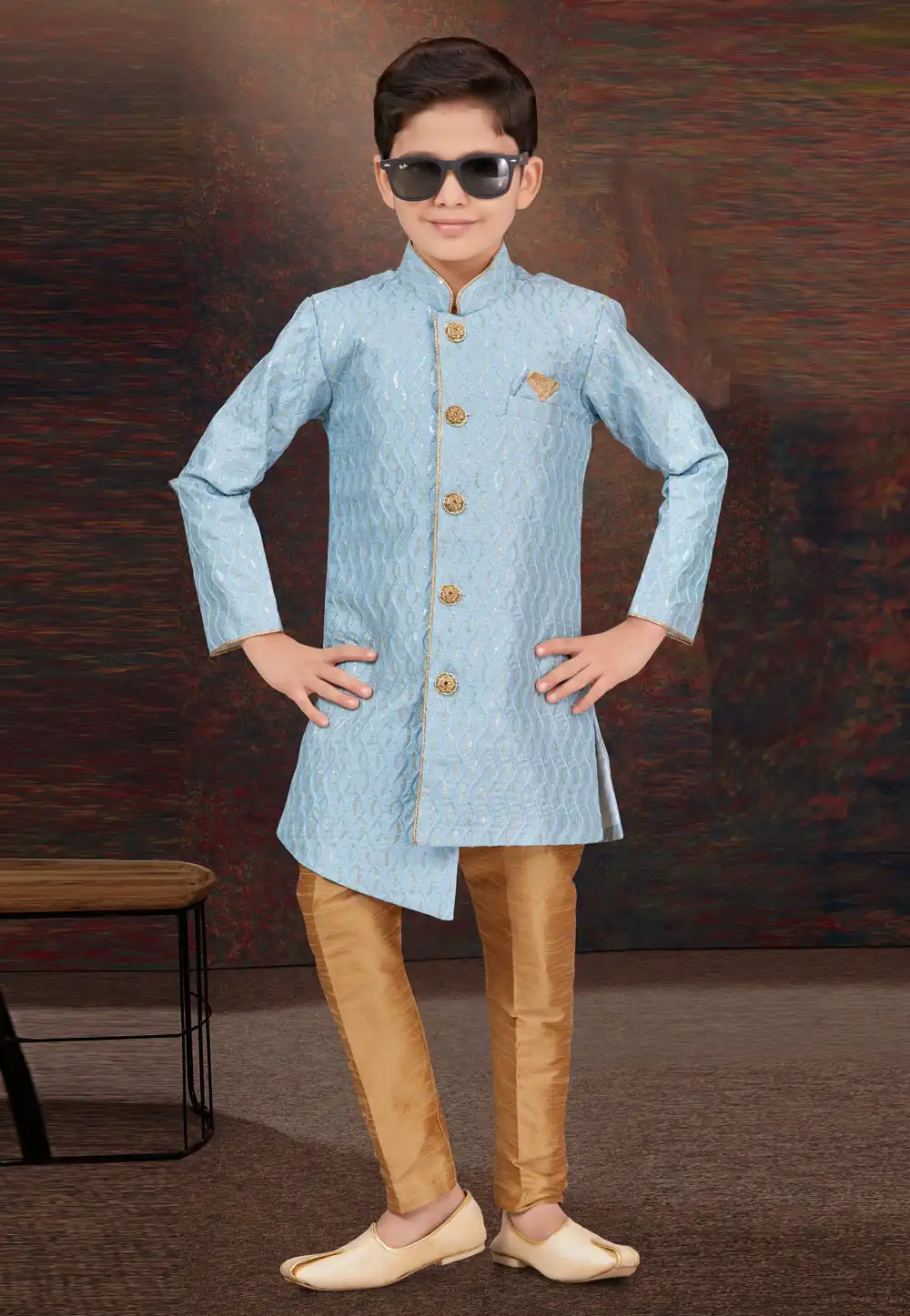 Sky Blue Art Silk Kids Indo Western Sherwani 294930