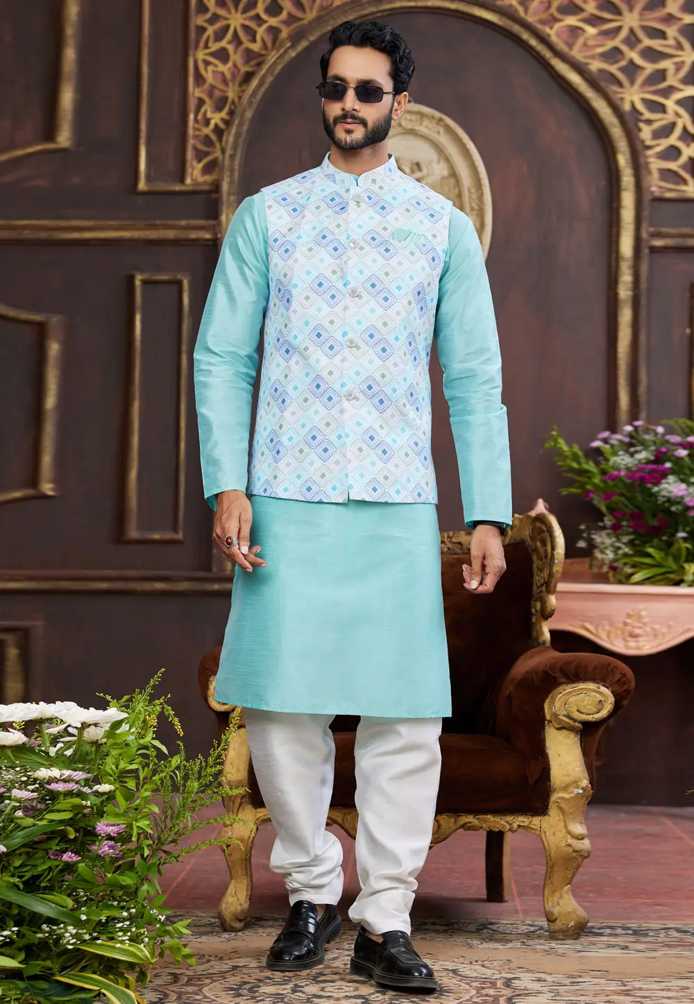 Sky Blue Art Silk Kurta Pajama With Jacket 295231