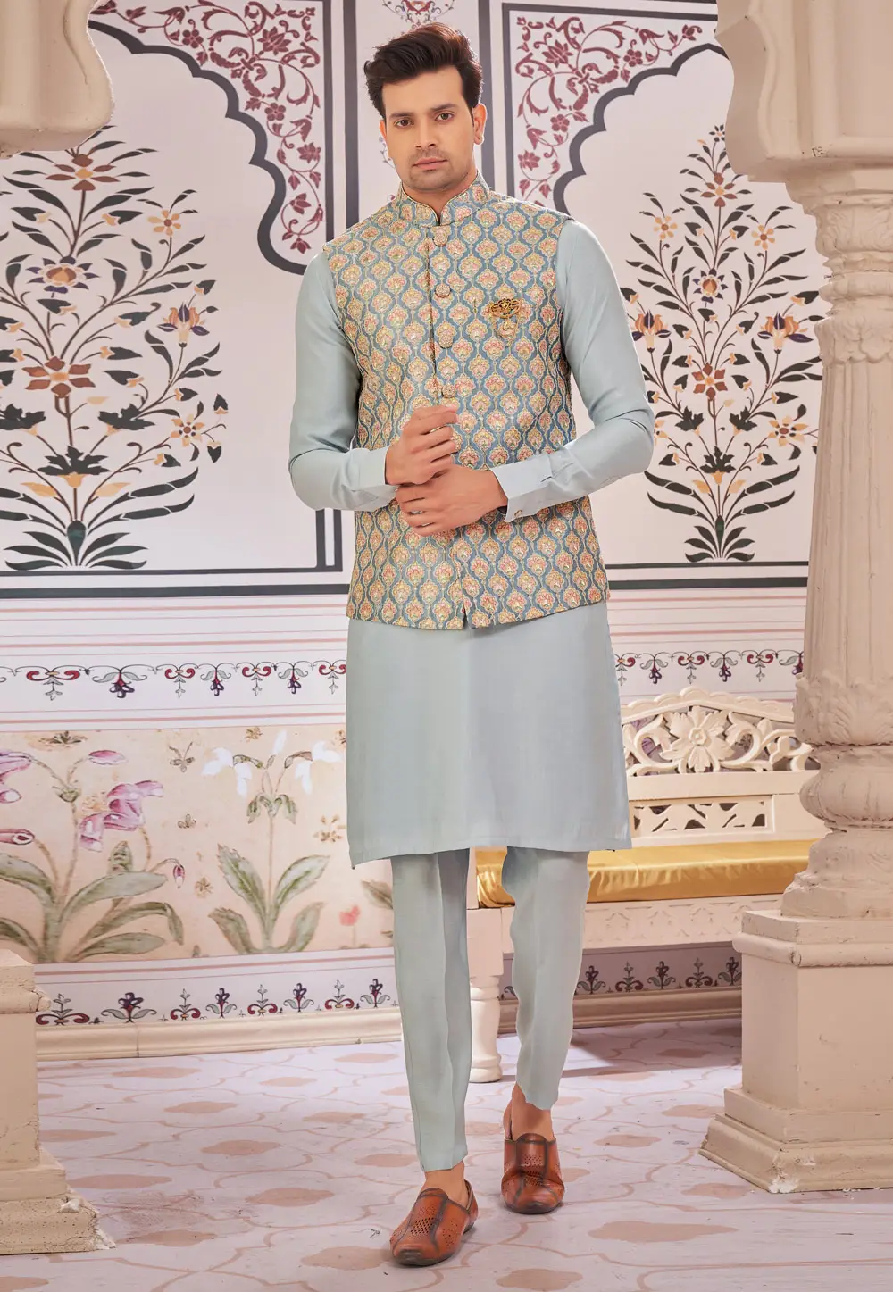 Sky Blue Art Silk Kurta Pajama With Jacket 296624