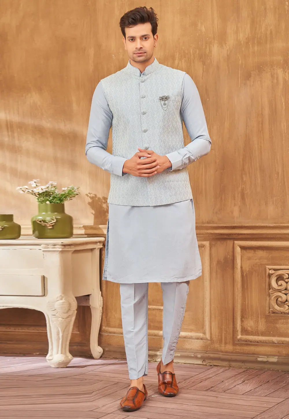 Sky Blue Art Silk Kurta Pajama With Jacket 296639