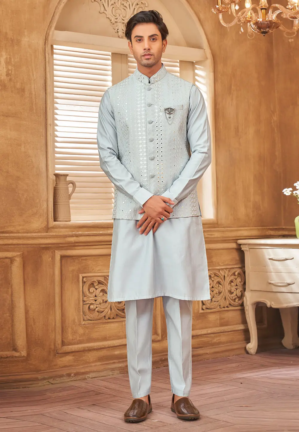 Sky Blue Art Silk Kurta Pajama With Jacket 296646