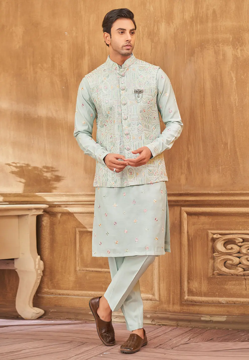 Sky Blue Art Silk Kurta Pajama With Jacket 296648