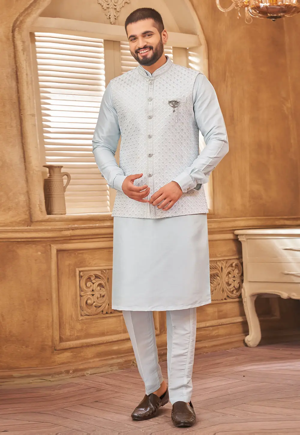 Sky Blue Art Silk Kurta Pajama With Jacket 296652