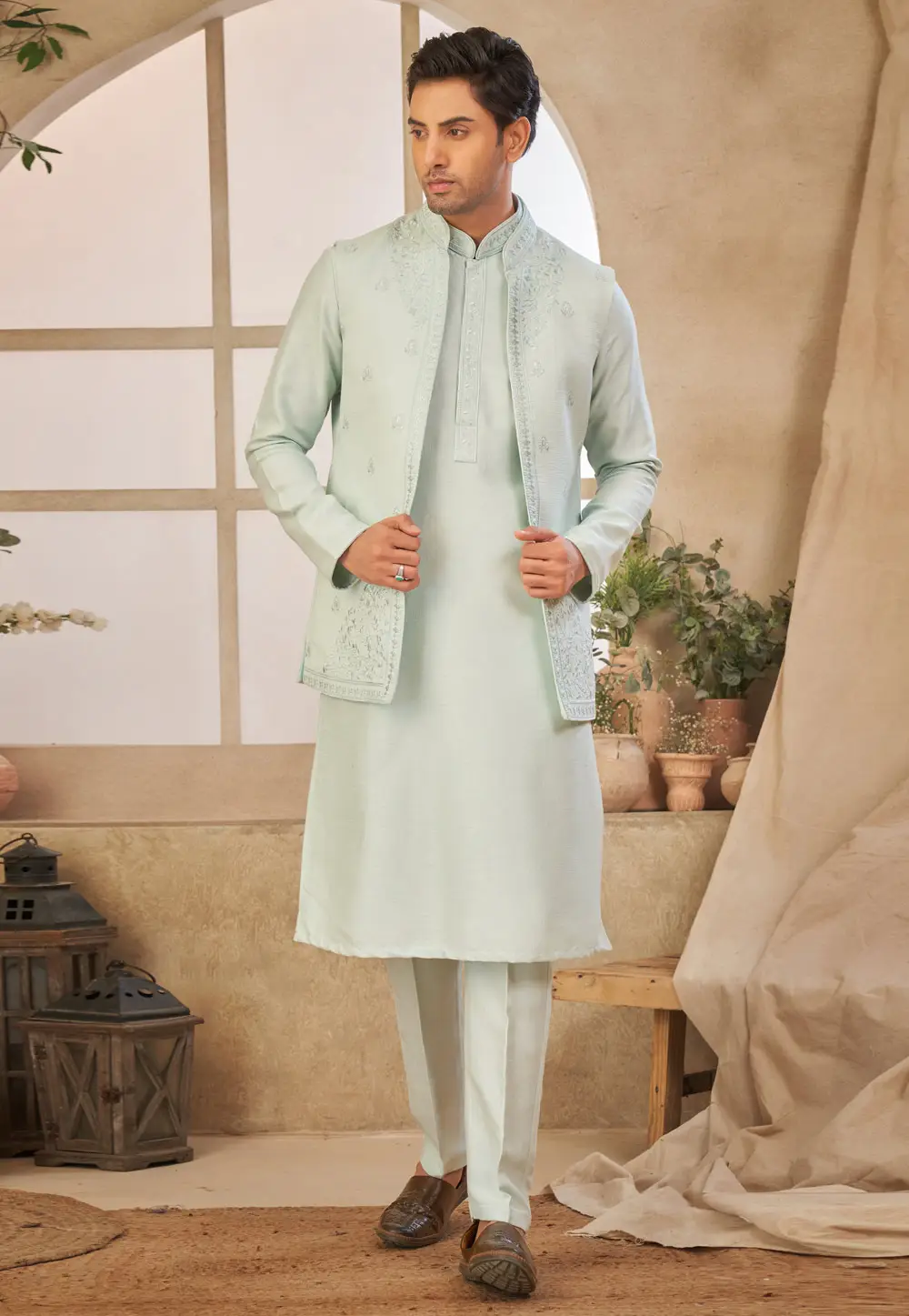 Sky Blue Art Silk Kurta Pajama With Jacket 296701