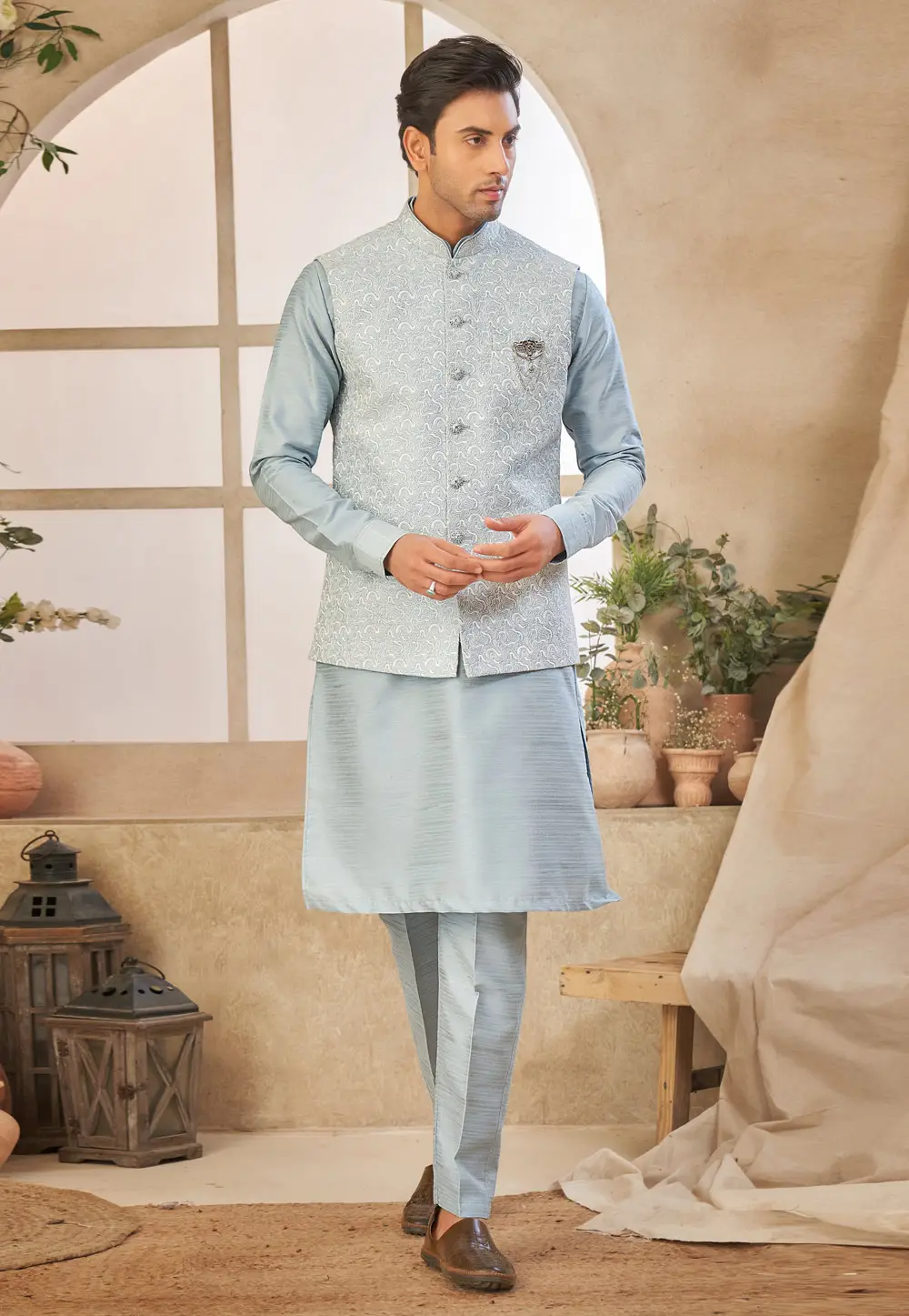 Sky Blue Art Silk Kurta Pajama With Jacket 296703