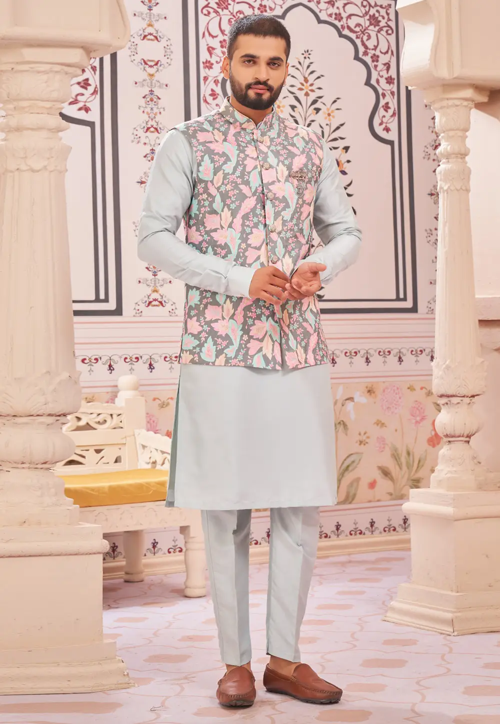 Sky Blue Art Silk Kurta Pajama With Jacket 296710