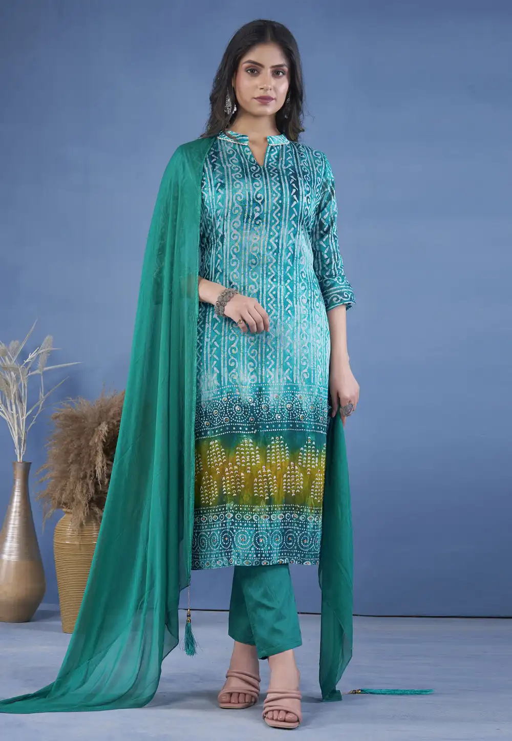 Sky Blue Art Silk Readymade Pant Style Suit 290749