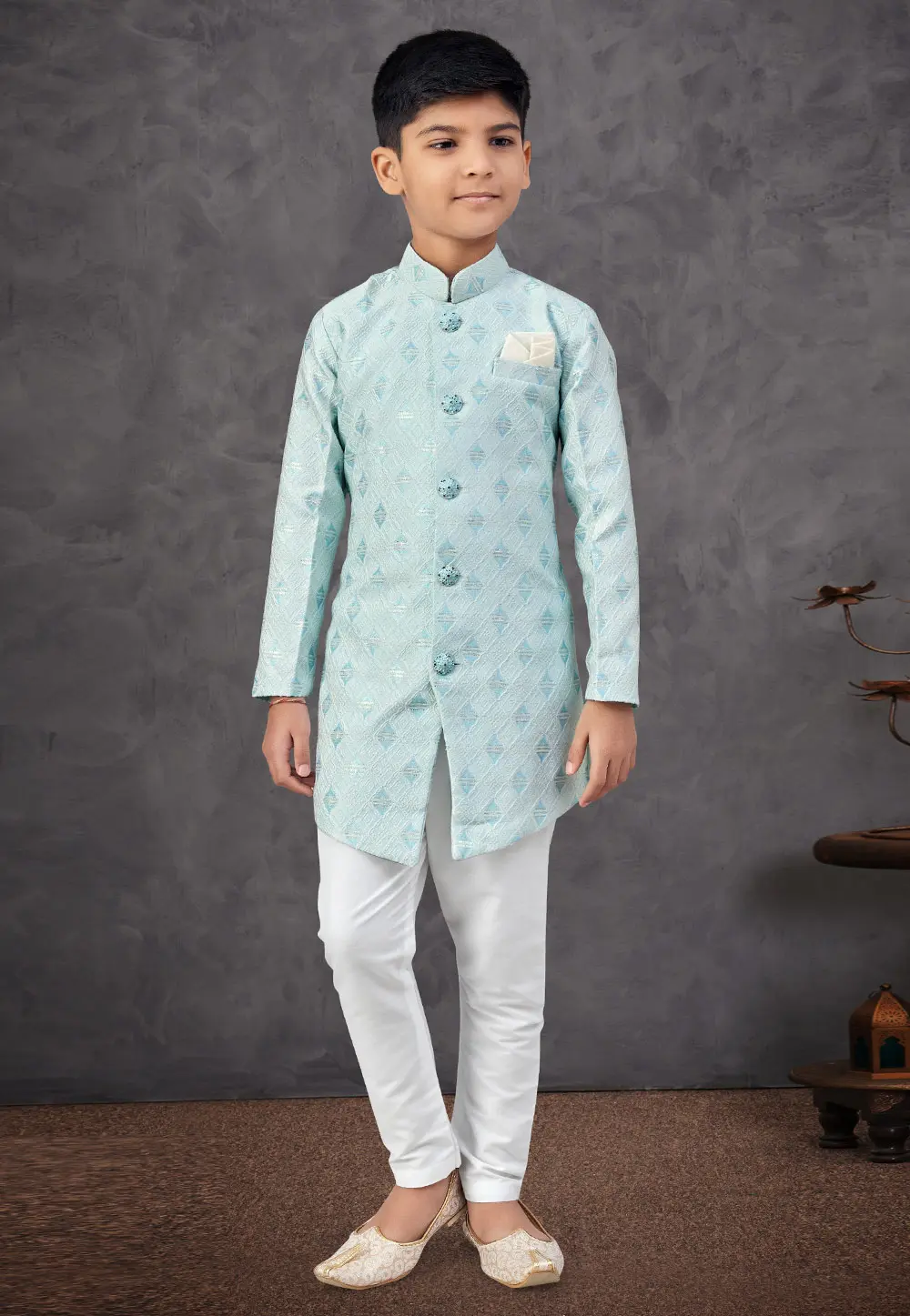 Sky Blue Banarasi Jacquard Kids Indo Western Sherwani 301341