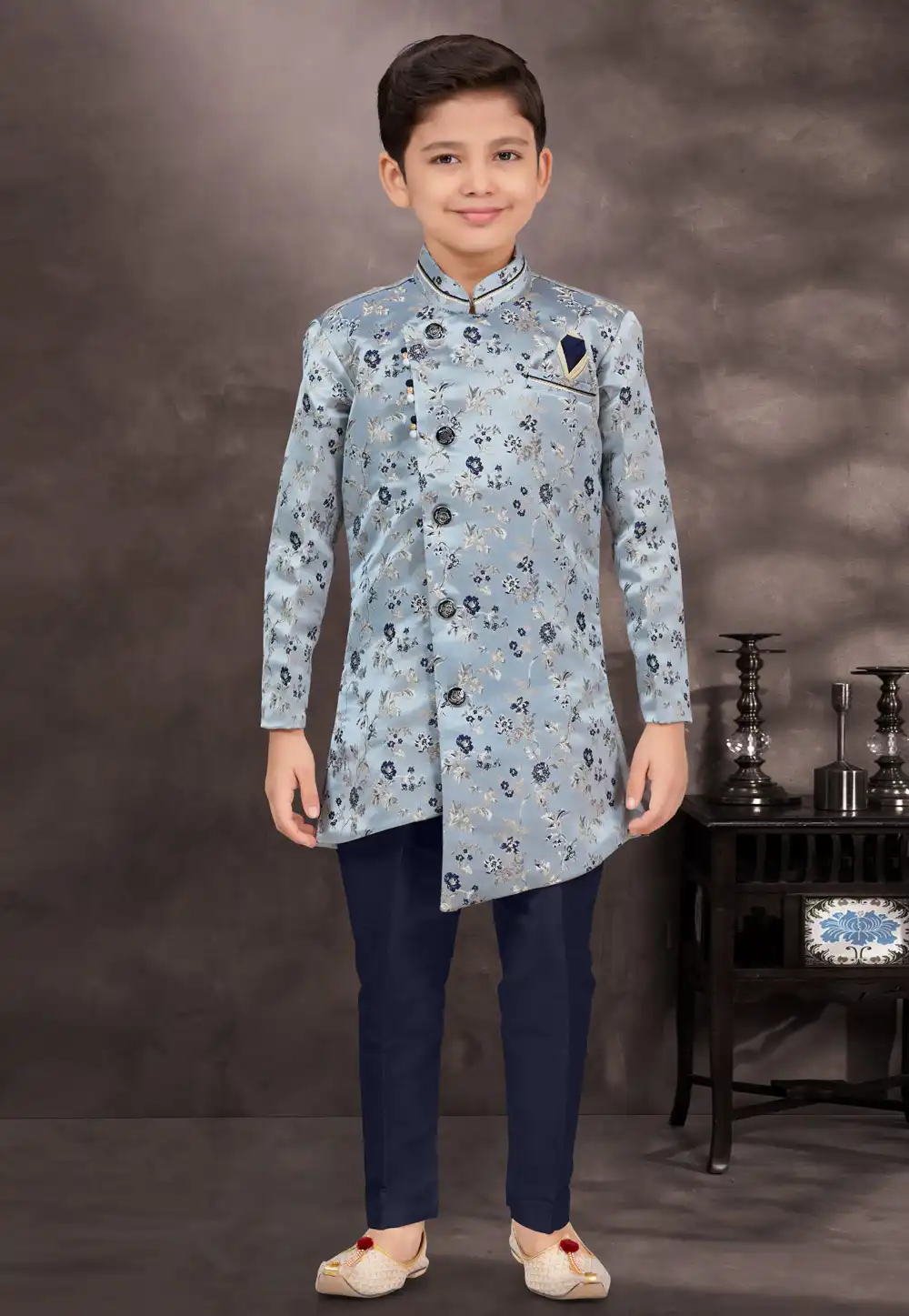 Sky Blue Banarasi Jacquard Kids Indo Western Sherwani 294958