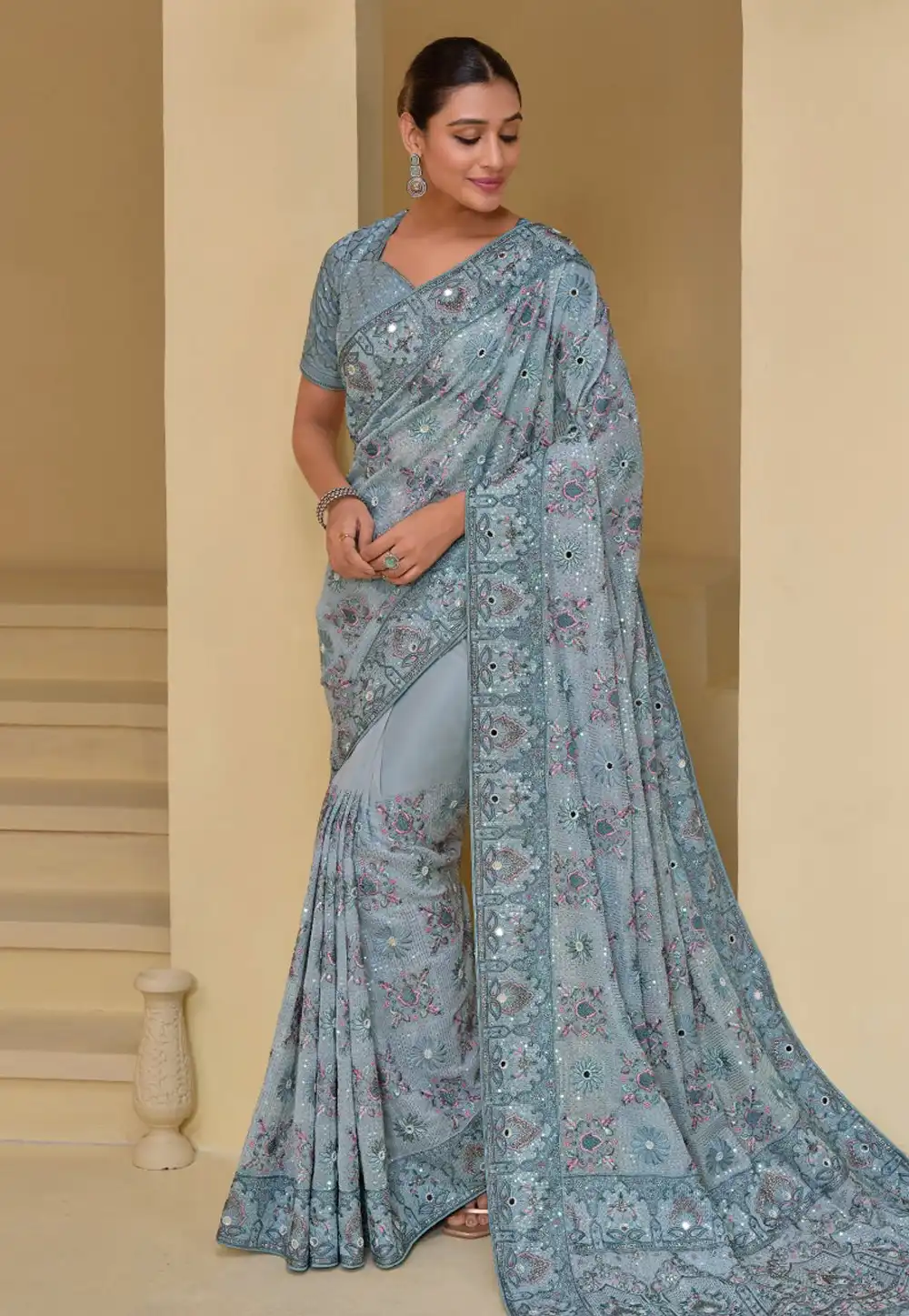 Sky Blue Banarasi Saree With Blouse 294892