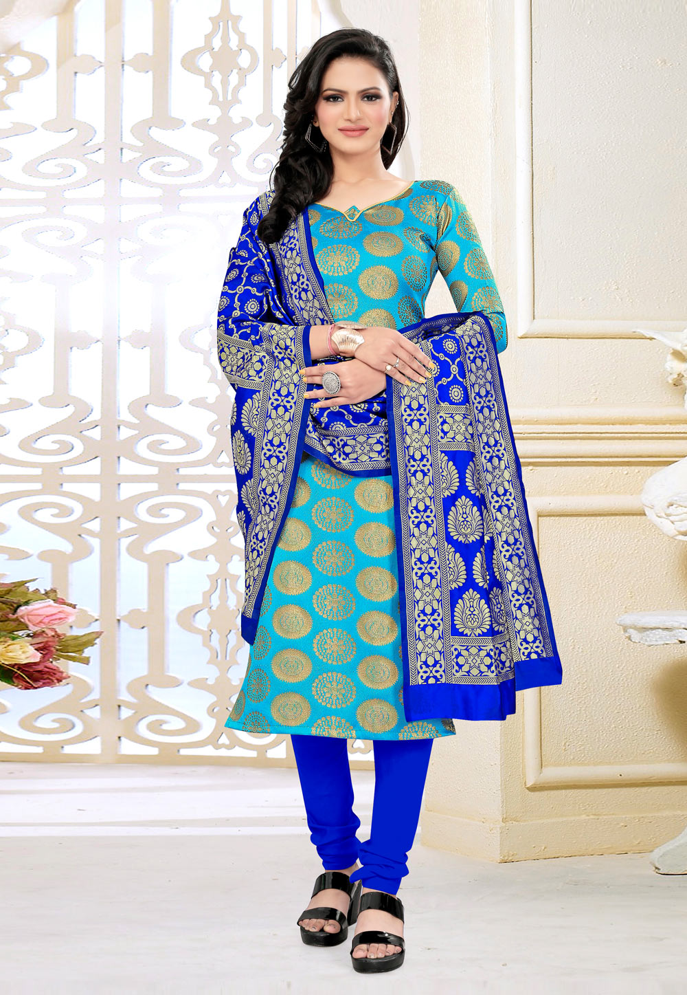 Sky Blue Banarasi Silk Churidar Suit 278411